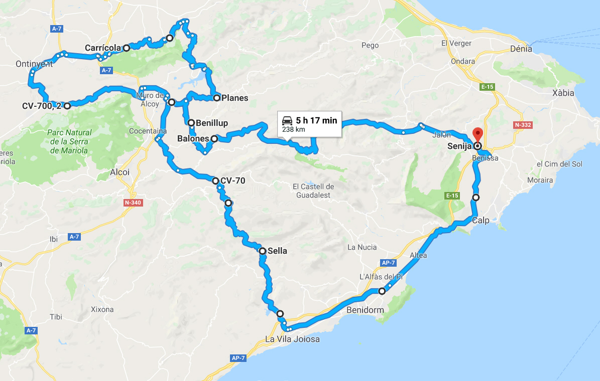 Motorcycle route through the Costa Blanca Mountains.