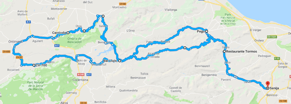 Motorcycling route around the Costa Blanca North